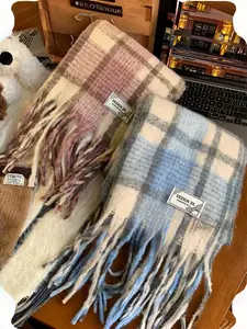 Women's Plaid Mohair Scarf New Winter Korean Style Warm Versatile High-End Long Thick Soft Fluffy Shawl Neck Warmer Checkered Scarf
