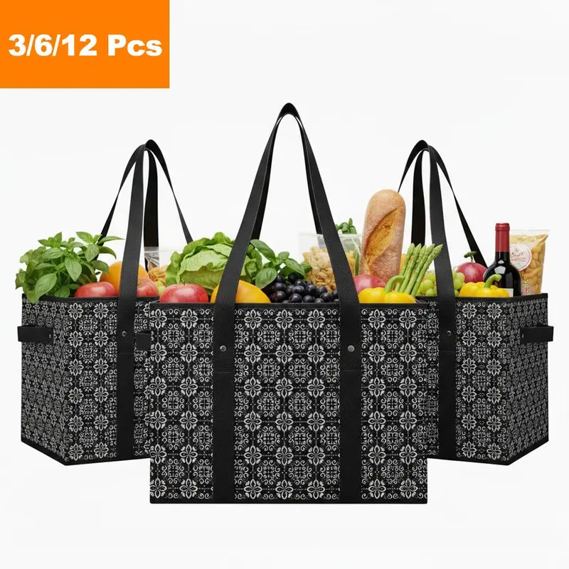 Grocery Bag Carrier, 3/6/12-Pack Multi-Piece Reusable Tote Shopping Bags, Waste-Free Large Capacity Chemical-Free Heavy-Duty Portable Water-Resistant Foldable with Strong Bottom & Ergonomic Handles for Picnic, Black/Red