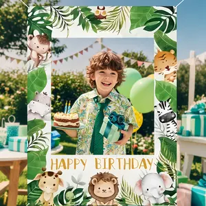 2D flat banner, Fun photo-taking banner, Forest animal birthday-themed photo background cloth, suitable for decorations for the "Wild One" birthday party, background cloth for birthday scene setup, dyz