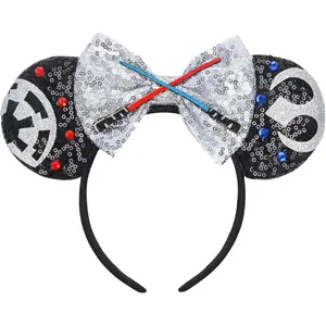 Mouse Ears Headband, Sequin Star Ears Headband for Adult Women Girls, Sparkling Bow & Lightsaber Design for Cosplay Accessories Party Decorations