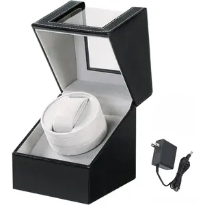 Automatic Single Watch Winder in Black Leather with Quiet  Watch Display Case Storage Box Fits Lady and Man Automatic Watch, AC Adapter or