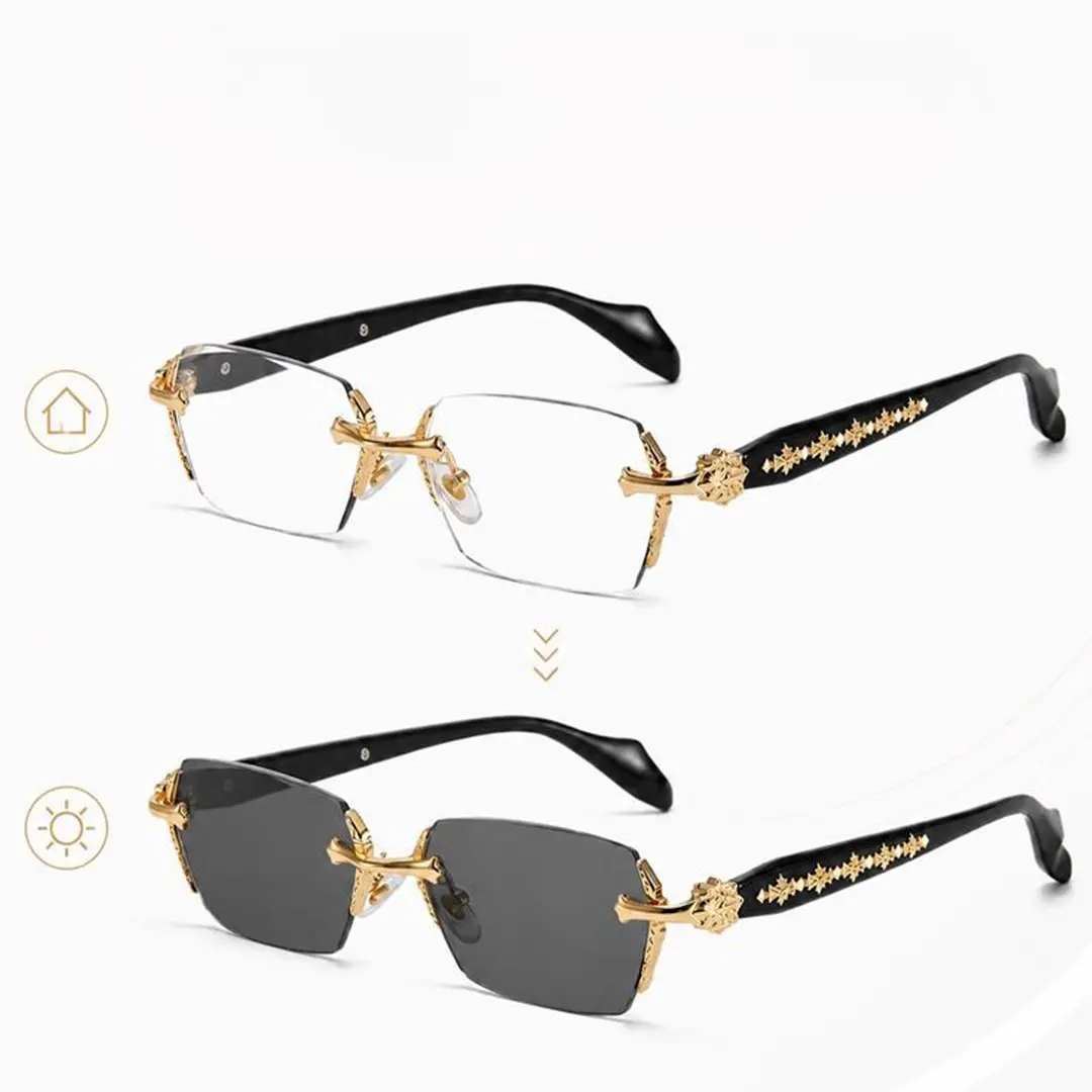 Unisex Metal Frame Blue Light Blocking Glasses - Photochromic Protective Sunglasses with Decorative Diamond Edges, Durable Rimless Outdoor Shades, High Quality Eyewear for Everyday Wear & Events