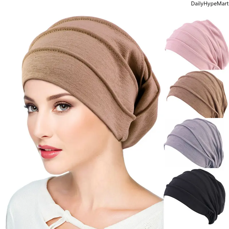 Women's Casual Modern Pleated Turban Hat Wrap - Undercap, Chemo Cap, Plain, Basic