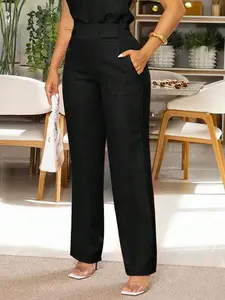 Women's Fashion Long Solid Pants with Slant Pockets and Buttons, Elegant Casual Wear for Shopping, Perfect for Daily