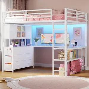 ADORNEVE Loft Bed Full Size with U-Shaped Desk and 10 Storage Drawers LED Metal Loft Bed with Cabinet 2 Shelves and Power Outlet Safety Guardrail
