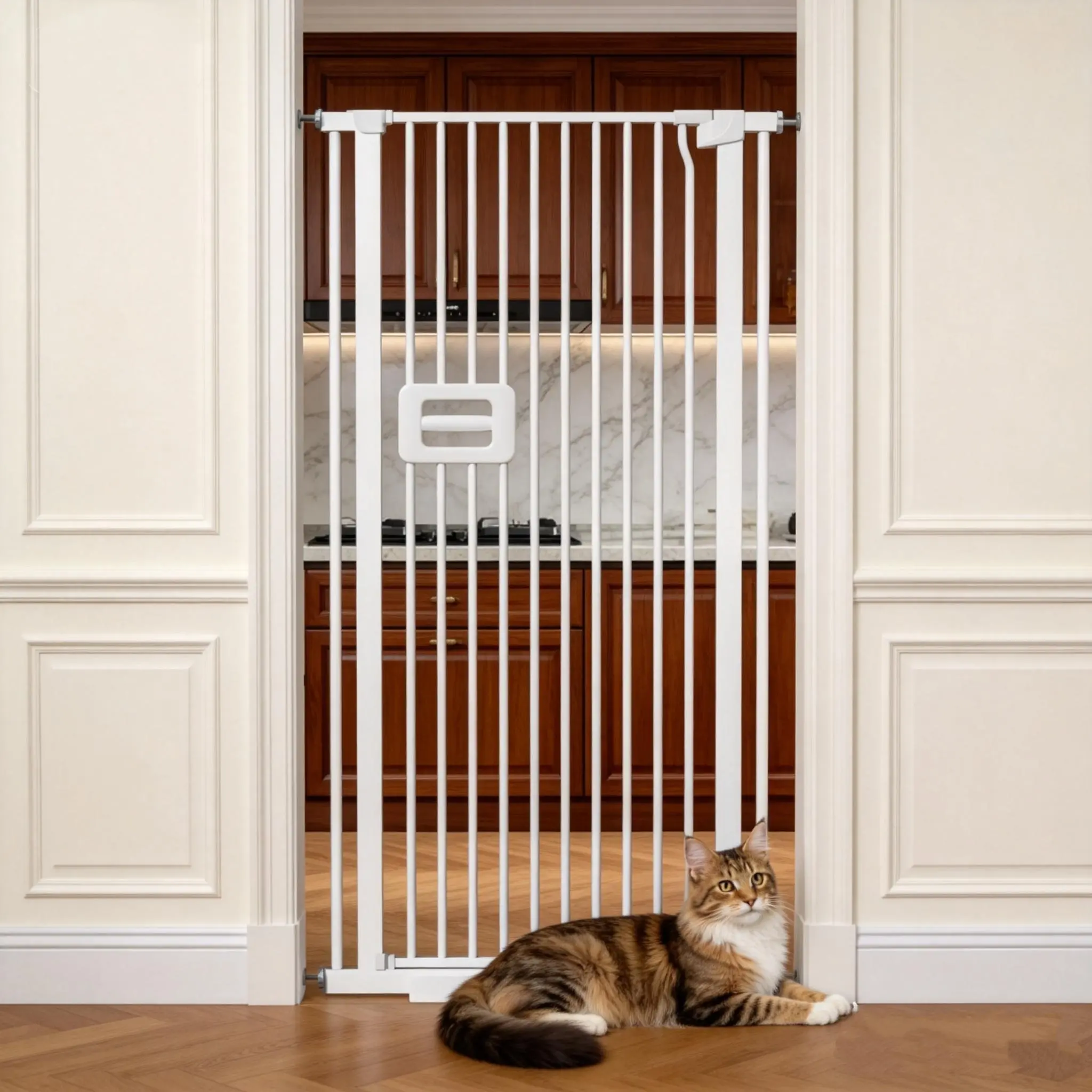 TSYPAIRS 55-in Extra Tall Steel Cat Gate, 29.5-32.8-in Wide Universal Pressure-Mounted Pet Gate Home Accessory, Auto-Close, White, Triple Safety Protection for Stairs, Kitchens