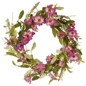 20 in. Spring Wreath with Purple Daisy Blooms, Lavender Flowers, and Leafy Greens