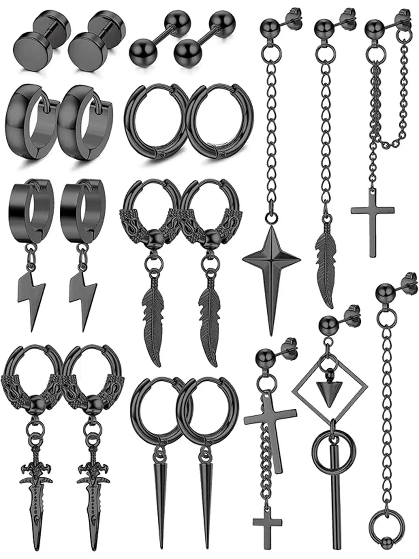 Men's Punk Style Stainless Steel Earrings, Cross & Feather & Compass Design Earrings, Cross Dangle Earring, Earrings Dangling, Fashion Jewelry for Party, Daily Clothing Decor, Trendy Exquisite Jewelry for Gift, High Quality Earrings