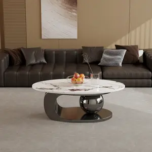 51-inch Modern Oval Stone Top Coffee Table with Stainless Steel Base Furniture Living Room