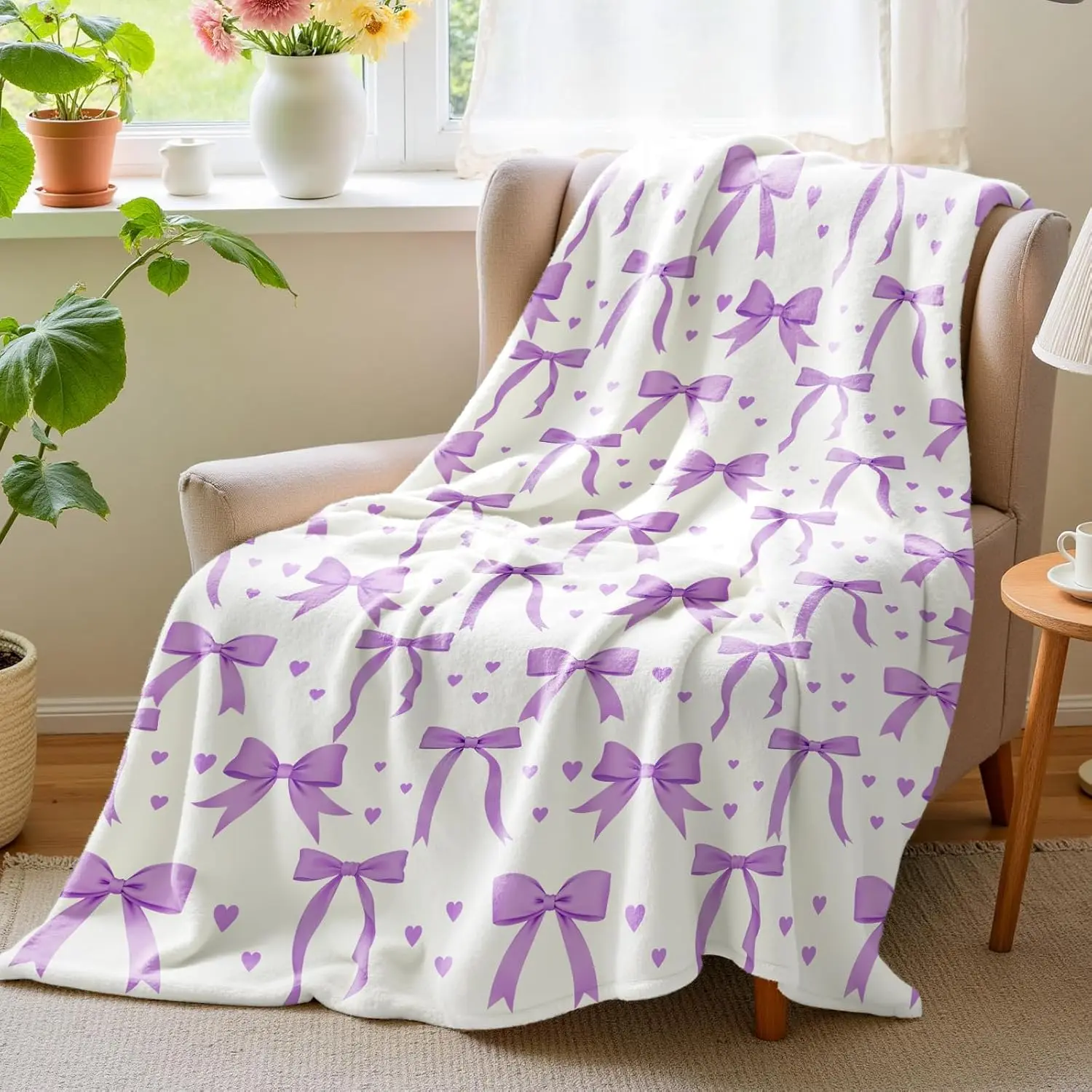 Bow Blanket, 60x80 in Soft Lightweight Flannel Texture Throw Blanket with Purple Bow, Modern Home Room Decor for Bedroom Sofa, Christmas Birthday Valentine's Day Gifts for Girls Women Coquette Preppy Bedding, Polyester