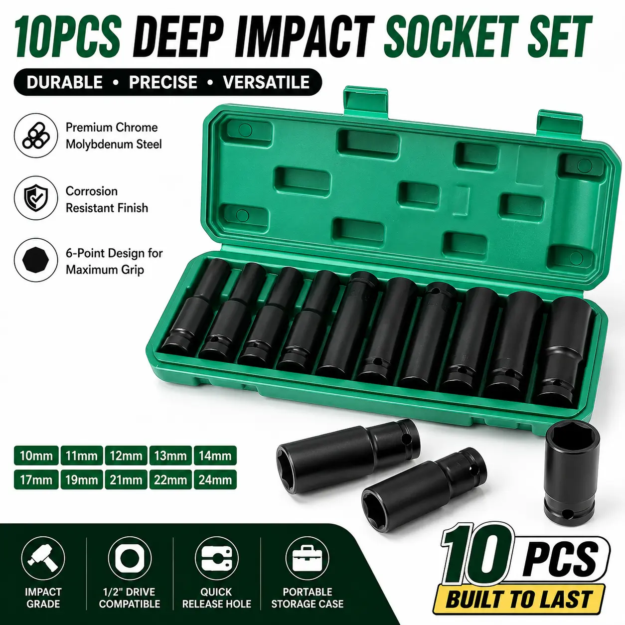 10pcs 1/2 Inch Drive Deep Impact Socket Set, Metric Extra Long Socket, 6 Point Hex Spanner Socket 8-24mm, Pneumatic & Electric Wrench Socket, Tire Removal Auto Repair Tool with Storage Case