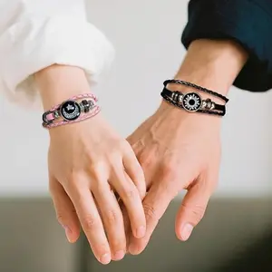 Luminous Sun and Moon Couple Bracelet - Glow in the Dark Matching Braided Leather Jewelry for Couples, Adjustable Long Distance Love Gift for Him & Her, Couples Bracelets (black,pink)