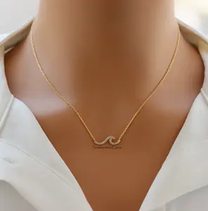 18K Gold Plated Pavé Wave Pendant Necklace for Women – Dainty Ocean-Inspired Sparkling Jewelry Gift
