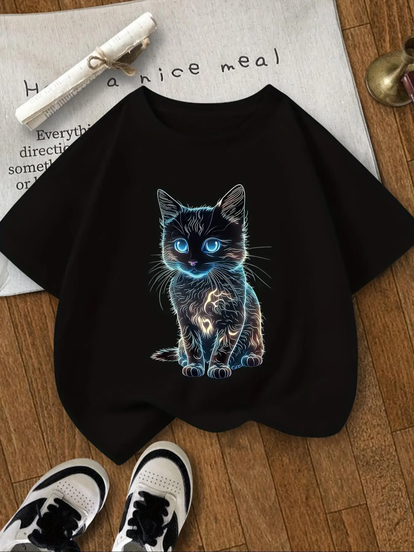 Girl's Cartoon Kitty Print Round Neck Tee, Fashion Casual Cute Crew Neck Short Sleeve T-Shirt for Daily Outdoor Wear, Girls Top for Summer