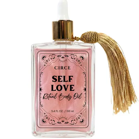 Circe Boutique Self Love Ritual Body Oil 3.4oz | Rose Quartz Crystal Infused | Shimmer Body Oil for Women | Confidence & Heart Healing | Peach Blossom Scent | Vegan Cruelty-Free
