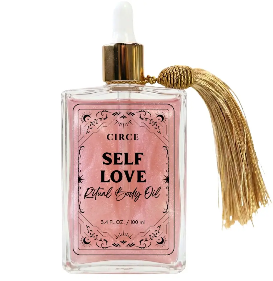 Circe Boutique Self Love Ritual Body Oil 3.4oz | Rose Quartz Crystal Infused | Shimmer Body Oil for Women | Confidence & Heart Healing | Peach Blossom Scent | Vegan Cruelty-Free