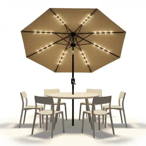 YJ-Garvee 9FT Solar LED Patio Umbrella with 32 Lights, Outdoor Table Umbrella Featuring Tilt & Crank, 8 Sturdy Ribs, Waterproof and UV Resistant for Garden, Deck, Backyard Use