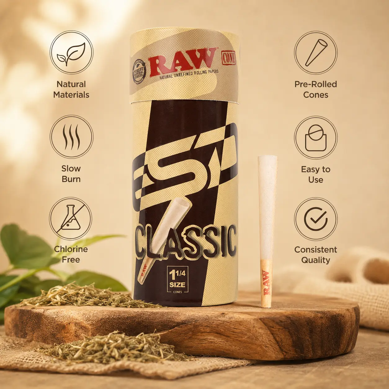 Cones Classic King Size - 100 Pack - Slow Burning Pre Rolled Paper with Tips and Packing Tubes Included