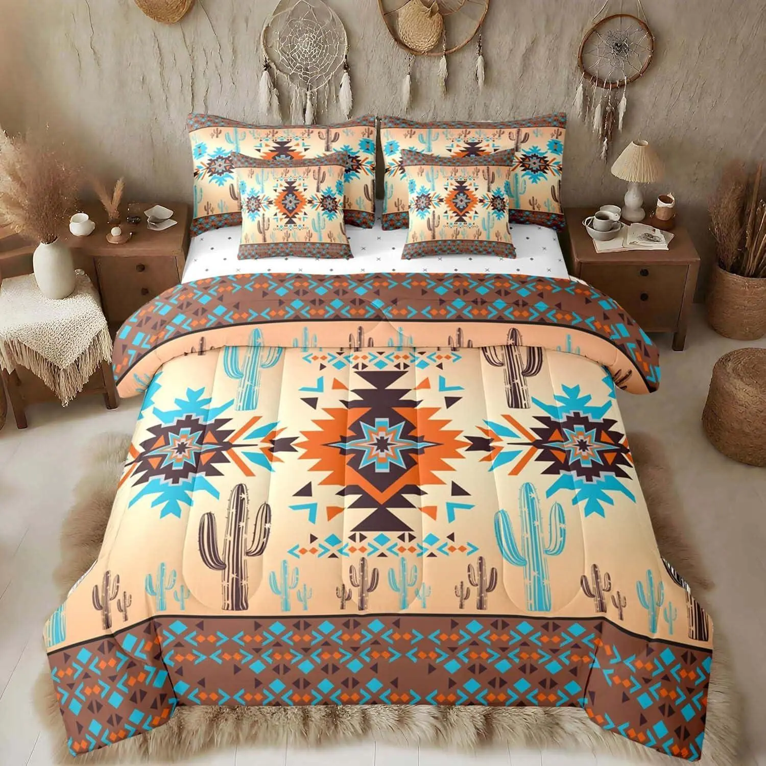 Brown Southwestern Aztec Comforter Set with Sheets for Kids Boys Girls Geometric Vintage Bed in a Bag Boho Tribal Rustic Western Exotic Cactus 7 Pieces Bedding Set Bedroom Decor