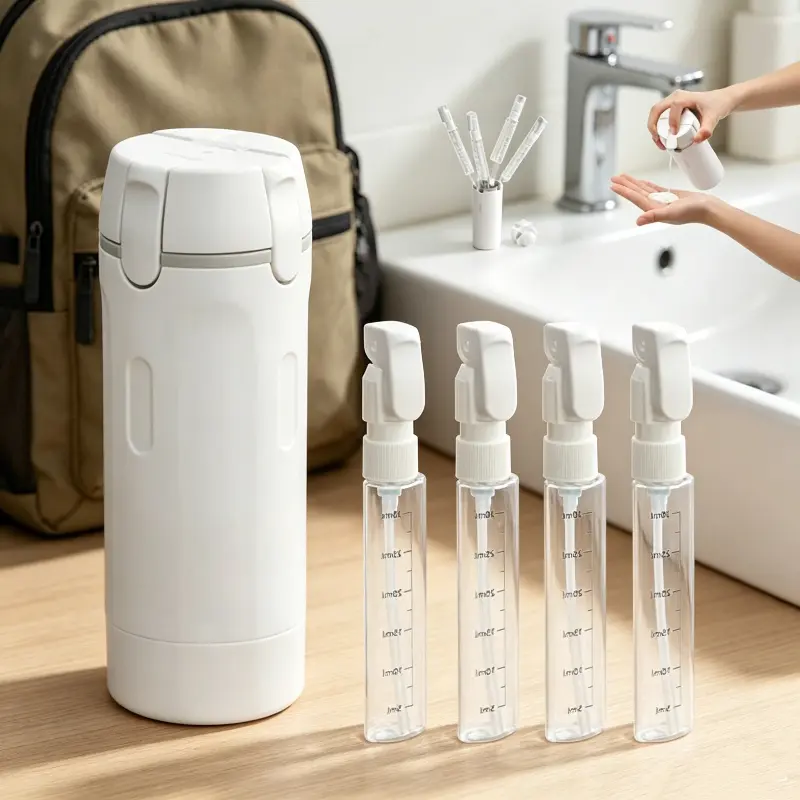 4-in-1 Refillable Lotion Bottle Set with DIY Labels, Travel Size Dispenser Bottle for Shampoo Conditioner Skincare Cream, Portable Cosmetic Container with Measuring Scale, Cute Organizer Gift for Best Friend Birthday Gift