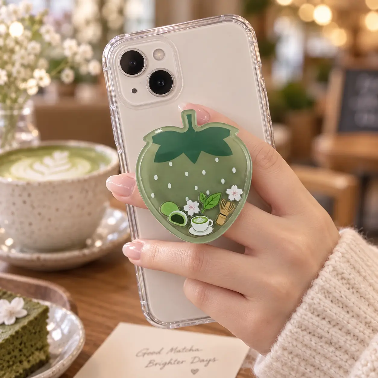 Matcha Latte Strawberry Shaker Phone Grip Kawaii Green Liquid Acrylic Stand Cozy Cafe Theme E-reader Holder Smartphone Accessory Premium Sharp Print