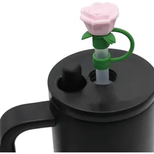 Rose Straw Topper for Stanley Cups, 10mm and Lid Cover, Compatible with 30 40 Oz Tumblers, Food-Grade Silicone Travel Cup Accessories (Pink)