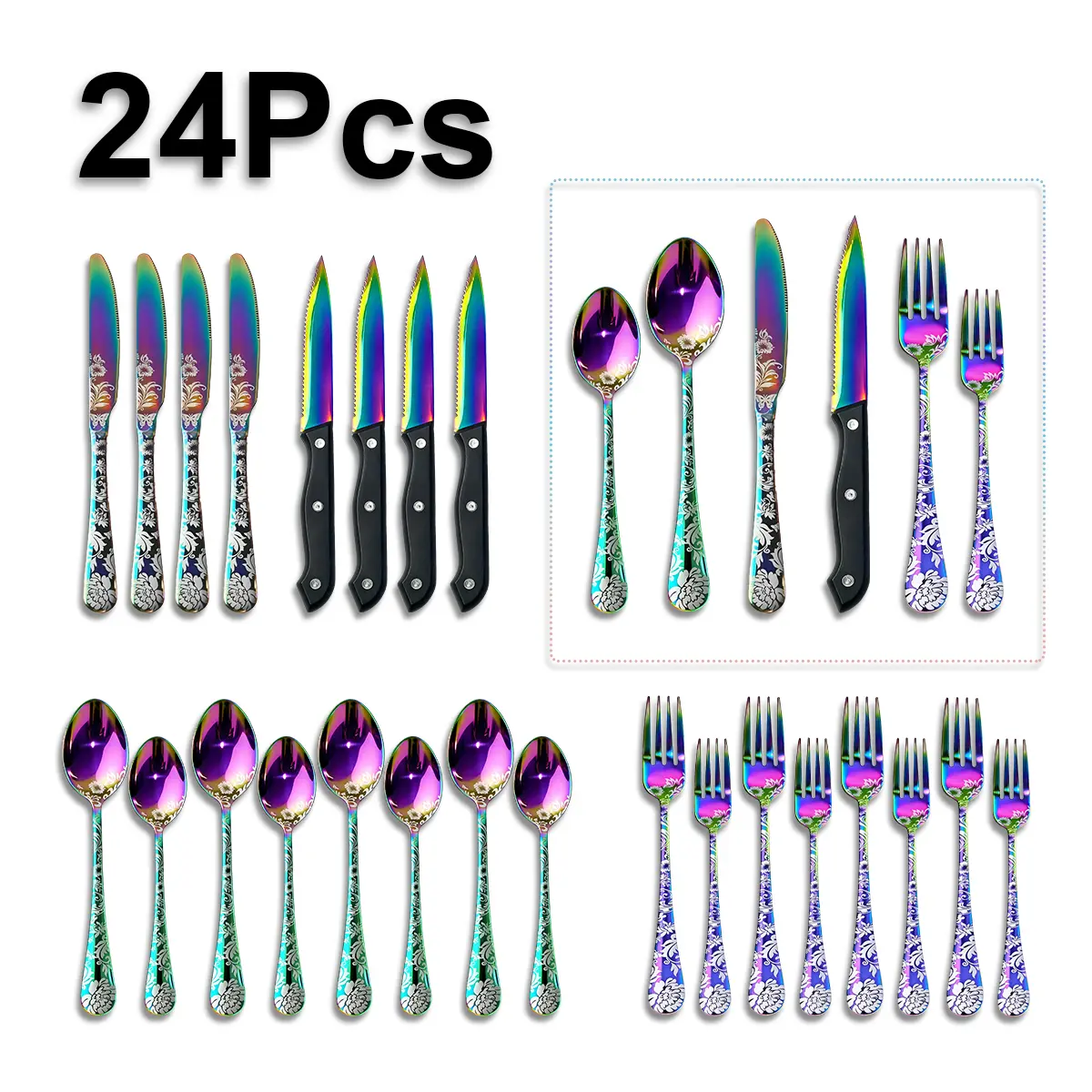 Adult Glam Print 24-Piece Stainless Steel Cutlery Set, Service for 4, BPA-Free, Chip-Resistant, Dishwasher Safe, Includes Knives, Forks, Spoons, Teaspoons, Fruit Forks, Serrated Steak Knives, Ideal for Home, Camping