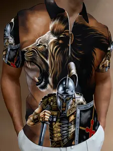 Men's Short Sleeve Polo Shirt with Lion Knight Pattern, 3D Printed Trendy Casual Top, Summer Personalized Men's Clothing