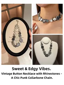 Two-Tone Vintage Necklace, Sparkling Rhinestone & Button Details, Cute Heart Pattern, Titanium Steel Material, All Seasons Jewelry