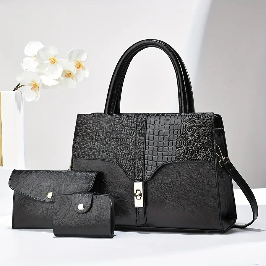 Fashion Women'S Handbag Three-piece Set Mother And Child Bag, Simple, Versatile And Large Capacity Handbag, Shoulder Bag, Crossbody Bag, Crocodile Pattern Large Bag With Wallet And Card Bag