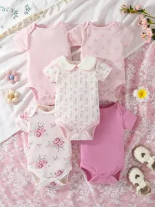 New Year x Pre-Valentine's Floral Babycore! 5-Piece Baby Triangle Romper Set  | Ruffled Collar + Bow Floral Prints | 100% Cotton Short-Sleeved Crawling Suit + Easy Diaper Changes