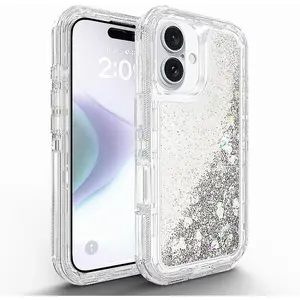 For iPhone 16 15 14 13 12 11 Pro XS Max XR 8 7 Plus Glitter Liquid Quicksand Shockproof Phone Case 3 IN 1 Heavy Duty Flash Cover