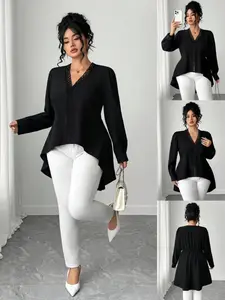 Women's Plus Size Elegant Casual Vintage Solid Color V-Neck Patchwork Lace Long Sleeve Front Short Back Long Blouse Shirt Top