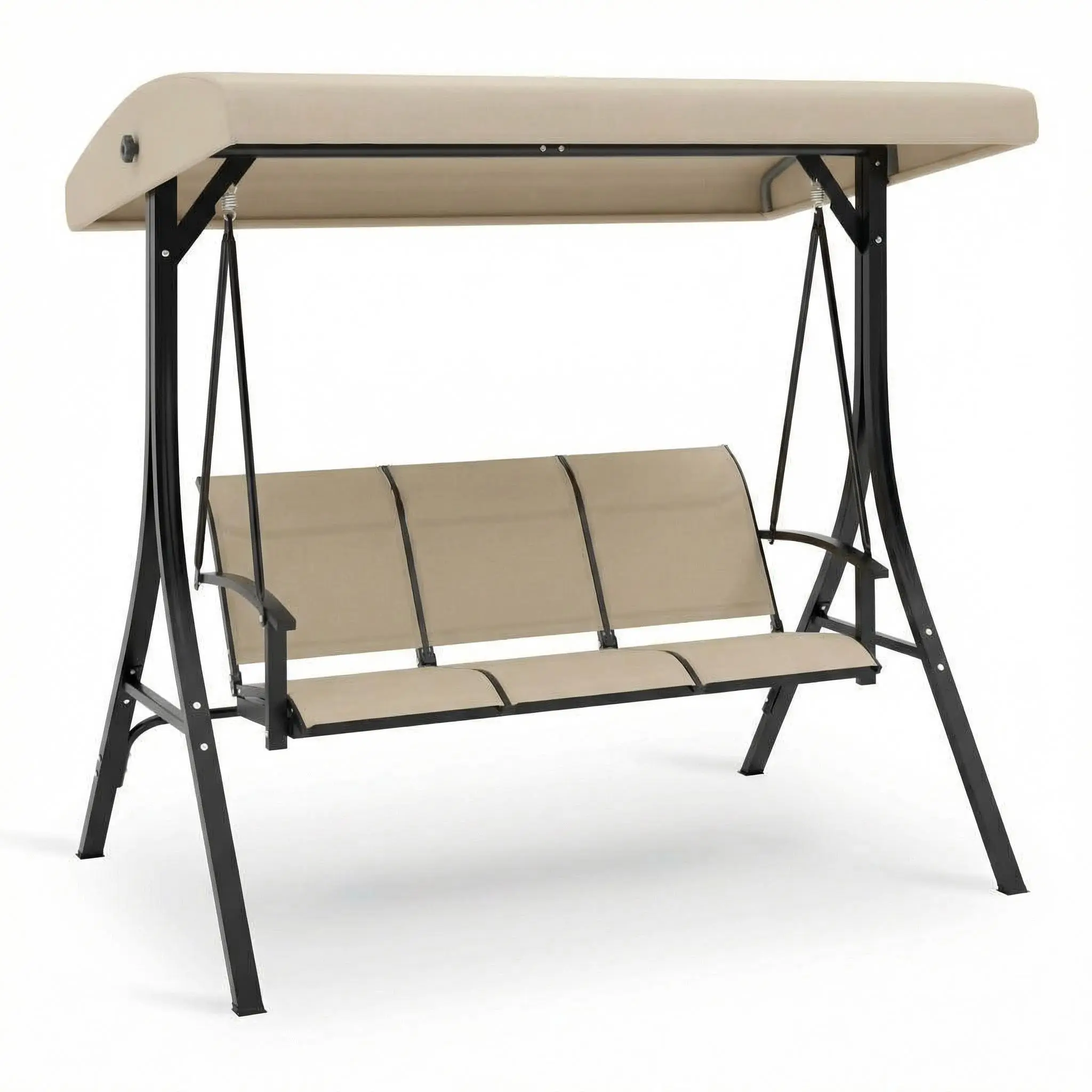 3-Seater Beige Textilene Outdoor Patio Hanging Swing Chair - Porch Bench with Adjustable Canopy, Armrests, Breathable Seat & Backrest for Garden, Poolside