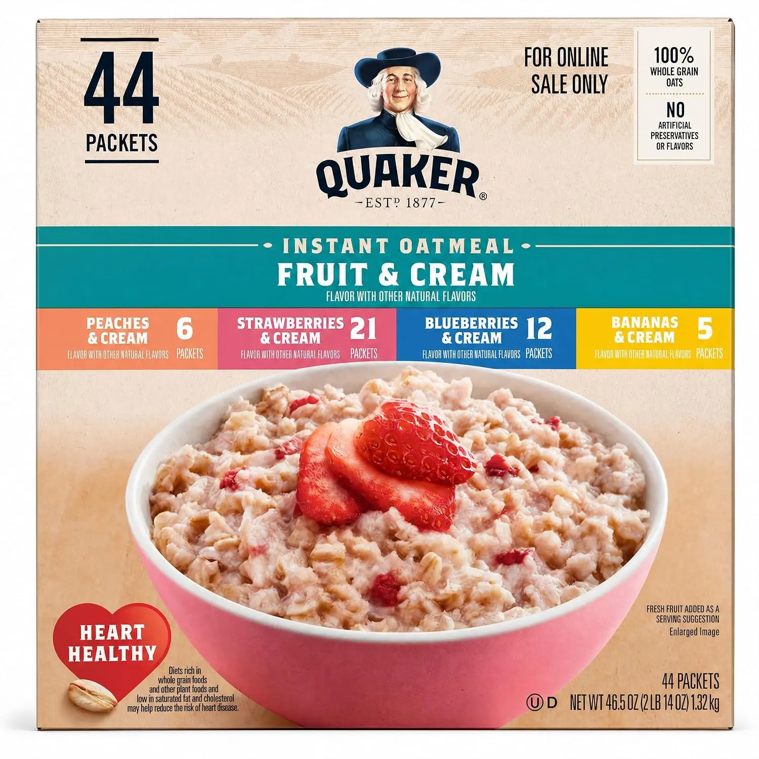 Instant Oatmeal Fruit & Cream Variety Pack, Single Serve Packets, (44 Pack)