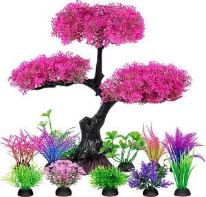Aquarium Artificial Plastic Plants Decoration, Pink Cherry Blossom Tree Aquarium Decor Set, Goldfish Betta Fish Tank Decorations Hides Accessories（Pink