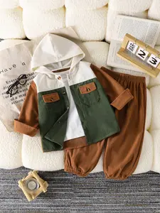 Boys' Fall Fashion Hooded Shirt Set, Colorblock Design, Comfortable Woven Fabric, Casual Style, Perfect for Daily Wear, Winter Set, Clothing Set, Clothes Kids