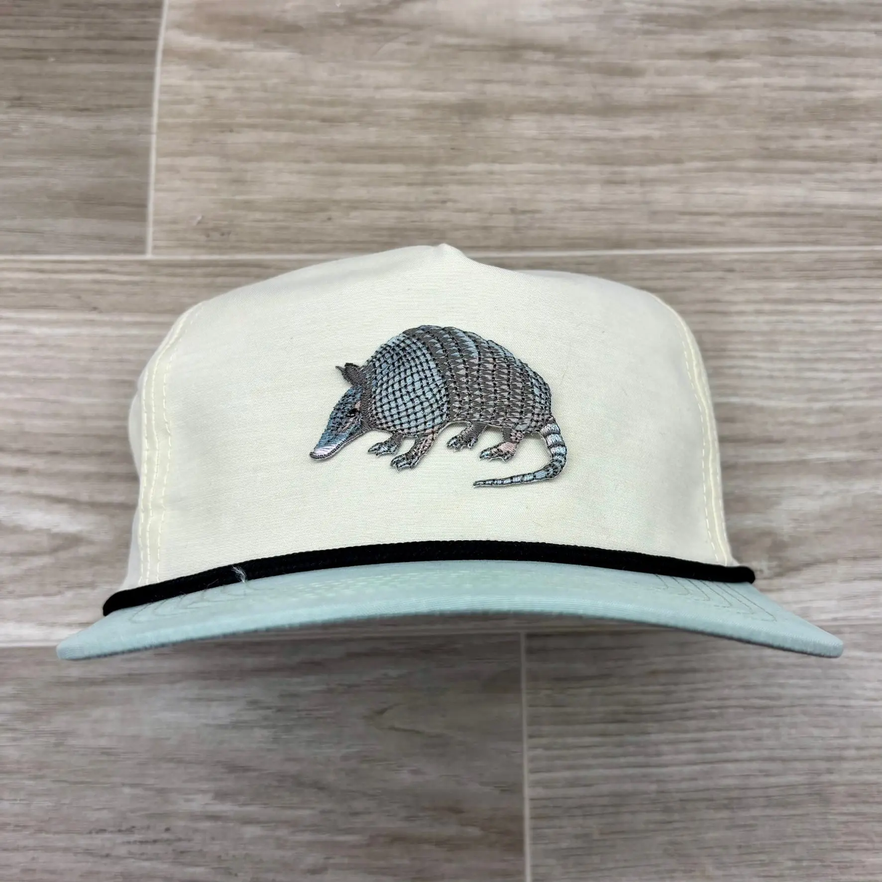 Armadillo Patch on 2-Tone Cream/Seafoam Green Retro Snapback Hat w/ Black Rope