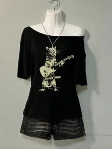 Women's Cat & Guitar Print Off Shoulder Casual Trendy Tee, Street Fashion Loose Chiffon Long Sleeve T-Shirt for Daily Holiday Vacation Wear, Ladies Clothes for All Seasons, Top, Casual Fashionable Top, Streetwear, Halloween
