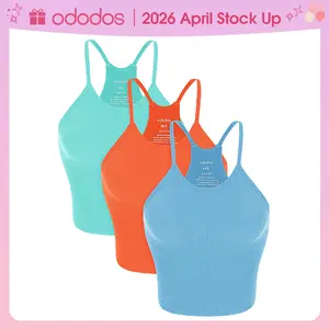 ODODOS Women's Crop 3-Pack Seamless Rib-Knit Camisole Waist Length Crop Tank Tops,No Padding