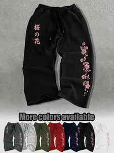 Men's Vintage Cherry Blossom Print Sweatpants, Loose Fit Drawstring Waist, Casual Wide Leg Pants, All Seasons, Multiple Colors Available