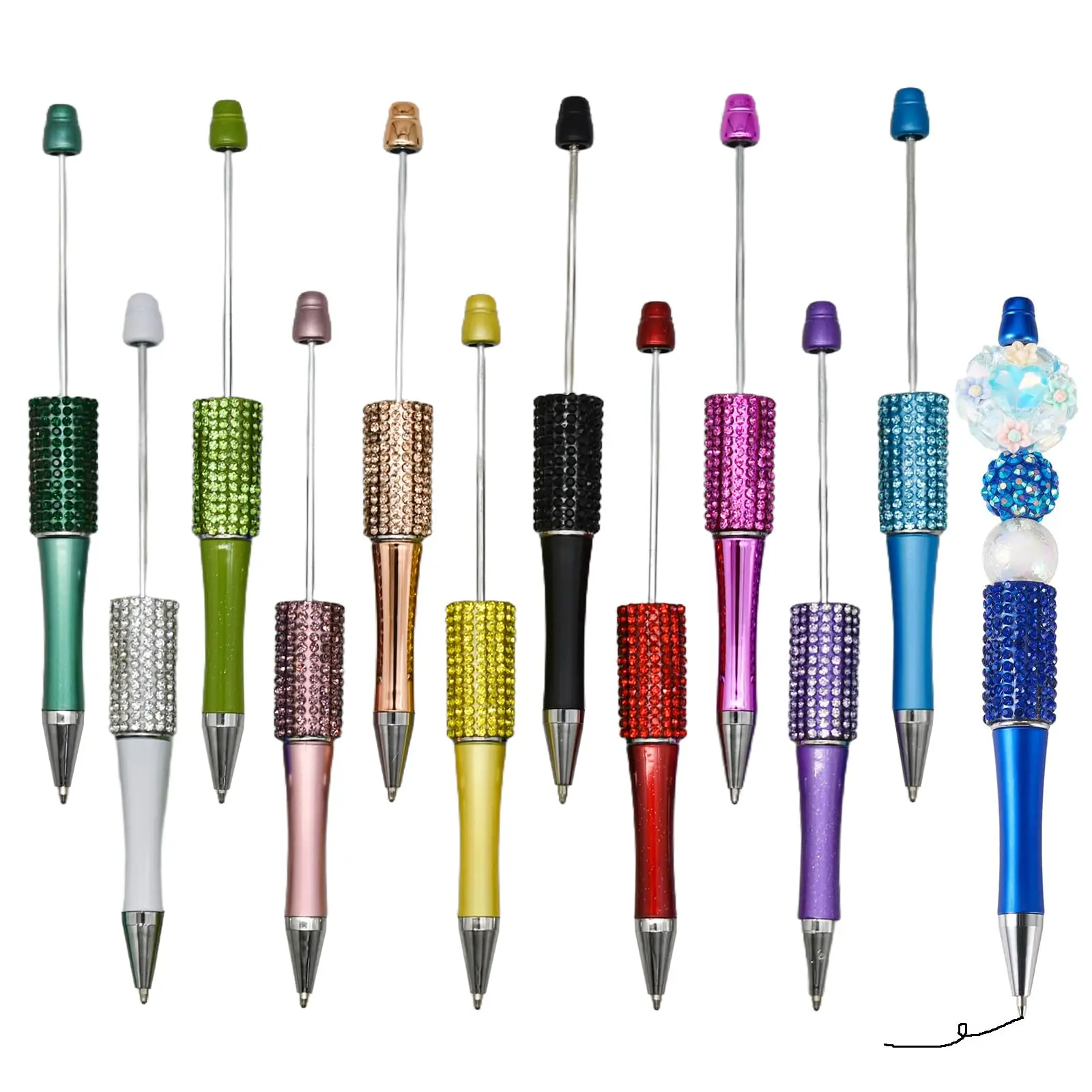 Beadthoven 7pcs Diamond Beadable Pens, Bling Rhinestone Beaded Pens Rainbow Bead Pen Assorted Crystal Shaft Black Ink Ballpoint Pens for DIY Pens Making Supplies Wedding Birthday Gift Office School