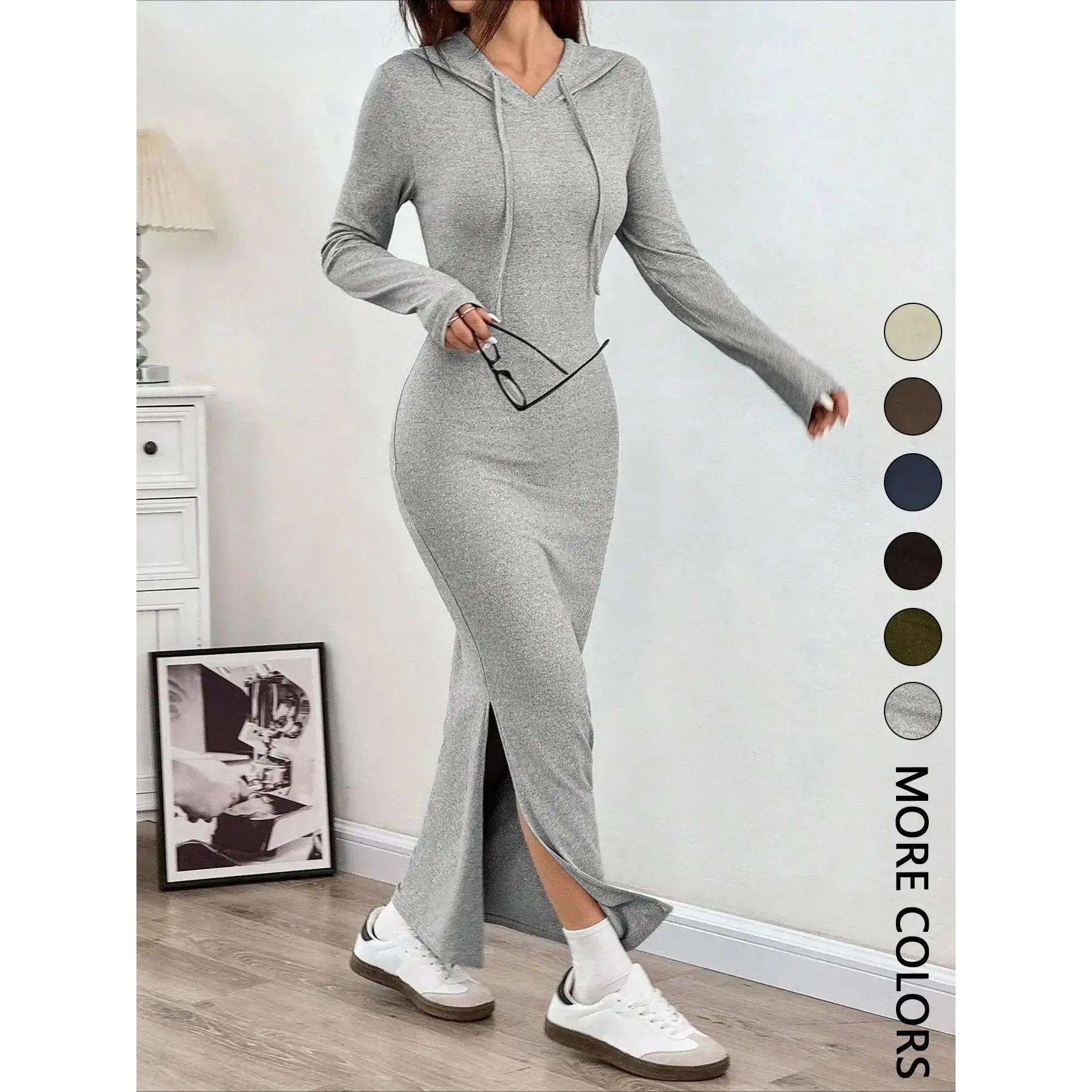 Women's Hooded Slim-Fit Long-Sleeve Bodycon Knitted Dress with Adjustable Drawstring, Ladies' Casual Fall and Winter Fashion Dress for Daily Wear Womenswear Basic Grey