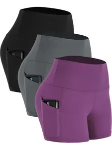 NELEUS Womens 4" High Waist Athletic Spandex Shorts for Yoga with Pockets 3 Packs,Black+Gray+Purple,US Size S