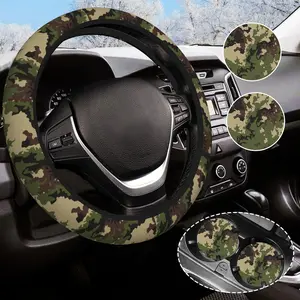 Green Camouflage Steering Wheel Cover Unisex with 14.5-15inch Car Cup Coasters Universal 2 Rainbow Steering Wheel Cover Non-Slip Car Accessories Suitable for Girls
