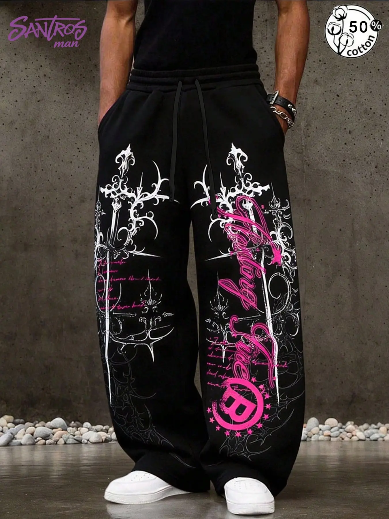 Unisex 50% Cotton Black Oversized Wide Leg Sweatpants with Dark Gothic Tribal Cross & Pink Graphic Print Y2K Streetwear Pants