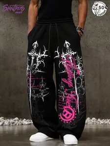 Unisex 50% Cotton Black Wide Leg Sweatpants with Dark Gothic Tribal Cross & Pink Print Y2K Streetwear Pants