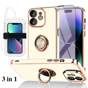 iPhone 12 Case White 3 in 1 Bundle With Screen Protector Anti-Blue Light And Waterproof Touchscreen Luminous Phone Pouch With Strap & Lanyard Built-in Car Mount Magnet Foldable Kickstand Ring Stand Shockproof Cute Luxury Design