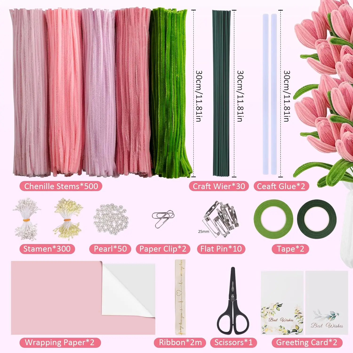 500PCS Pipe Cleaners Craft, Pipe Cleaner Bulk Flower Kit, Chenille Stems Flower Making Kit with Floral Wires, Gardening Tape, Stamen, Floral Wrapping Paper & Ribbon for Art and Craft Supplies - Home Improvement.
