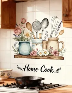 Kitchen Utensils Wall Decal with Floral Design – Removable Vinyl Cooking Wall Sticker, Rustic Farmhouse Kitchen Decor for Restaurant, Bakery, Dining Room & Home, 30×60cm